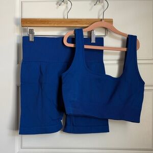 Blue Ribbed Tank Top and Shorts Set